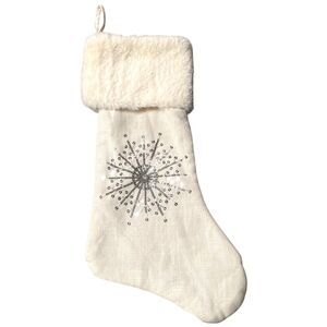 Gigi Seasons Christmas Stocking 18" White Fur Linen Silver Sequin Snowflake NWOT